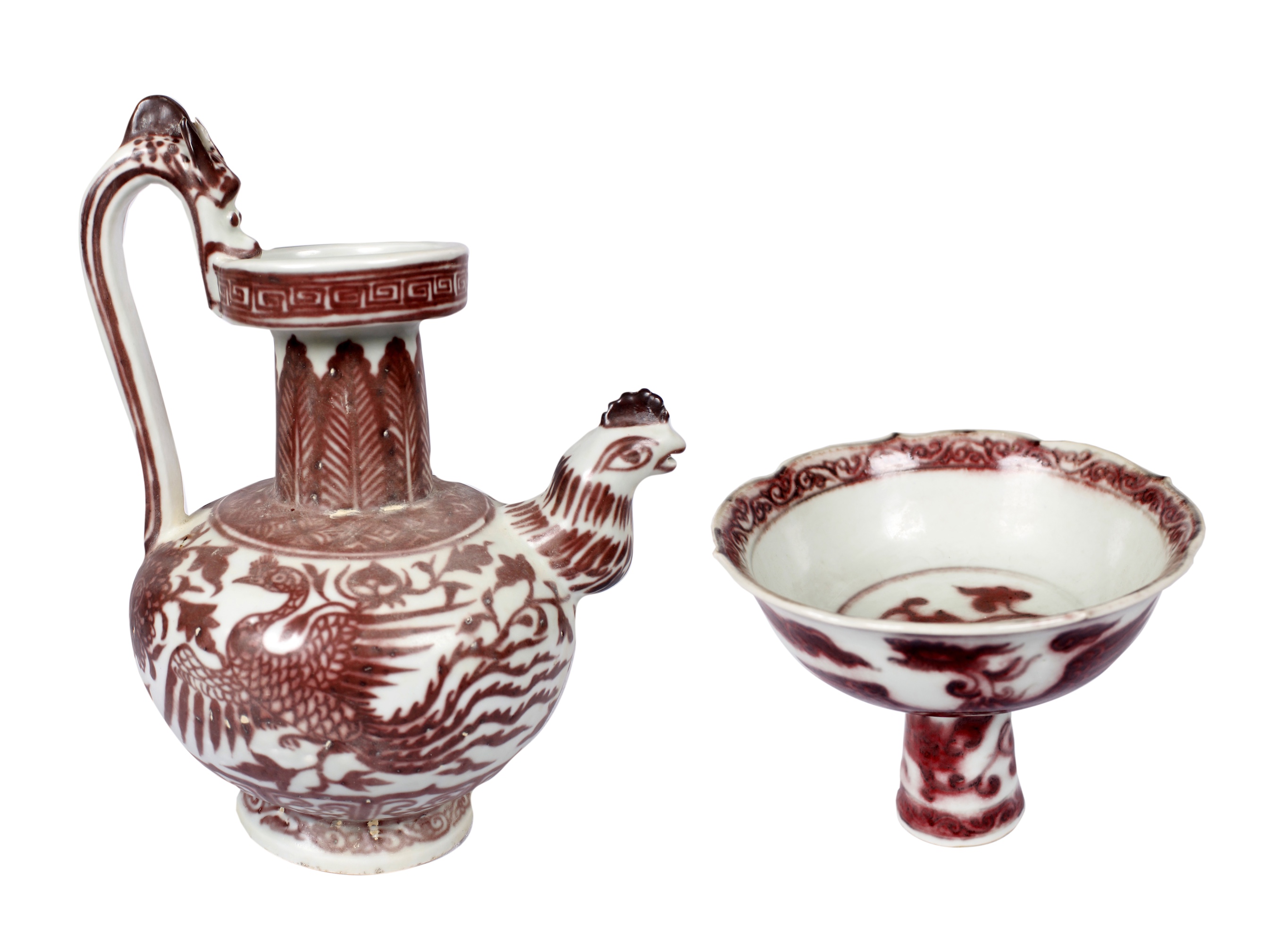 Two pieces of modern red underglazed kendi and steam bowl with phoenix decoration