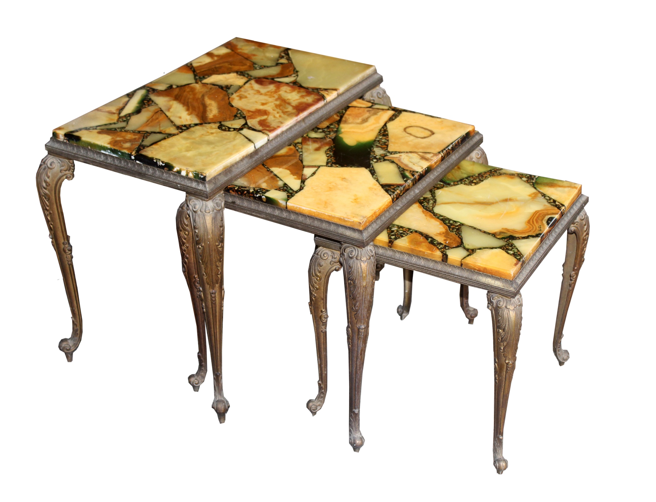 A set of brass nesting tables with onyx top