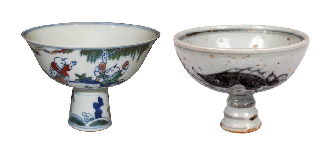 A set of two ceramics consisting of A modern Doucai and a small red underglazed steam bowls painted with boys at play and fish