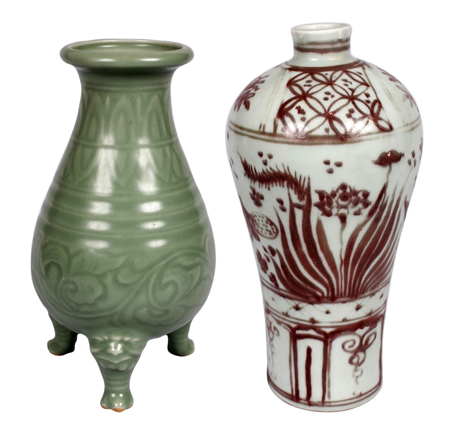 Two pieces of A modern red underglazed meiping and A Yao Zhou style tripot vase