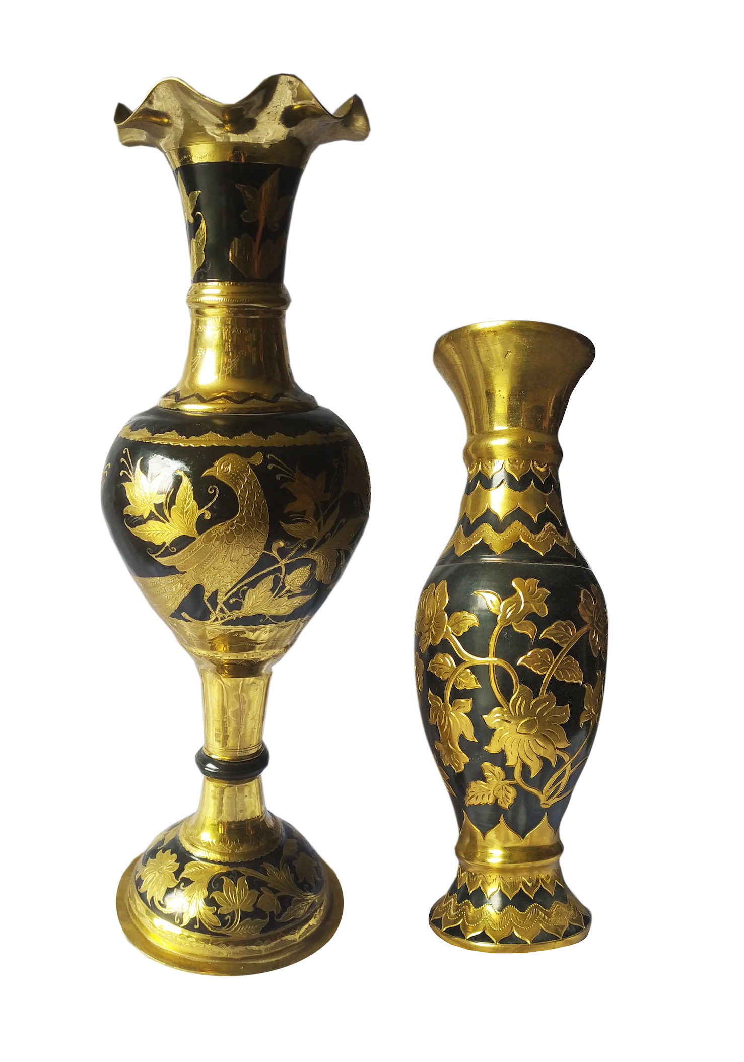 Two pieces brass vases with gilt decoration