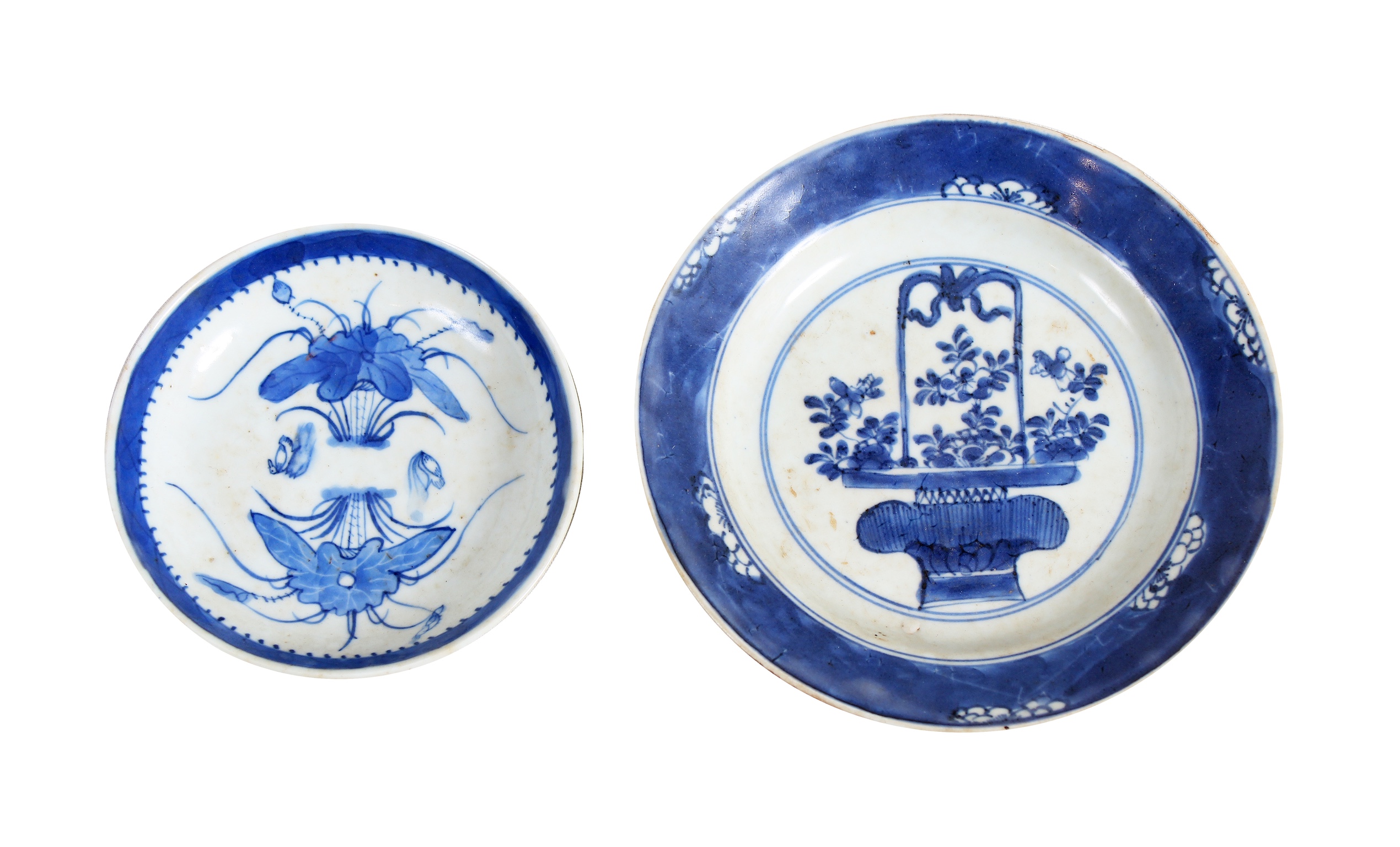 Two pieces of 18th - 19th century blue and white dish painted with flower basket and lotus tree