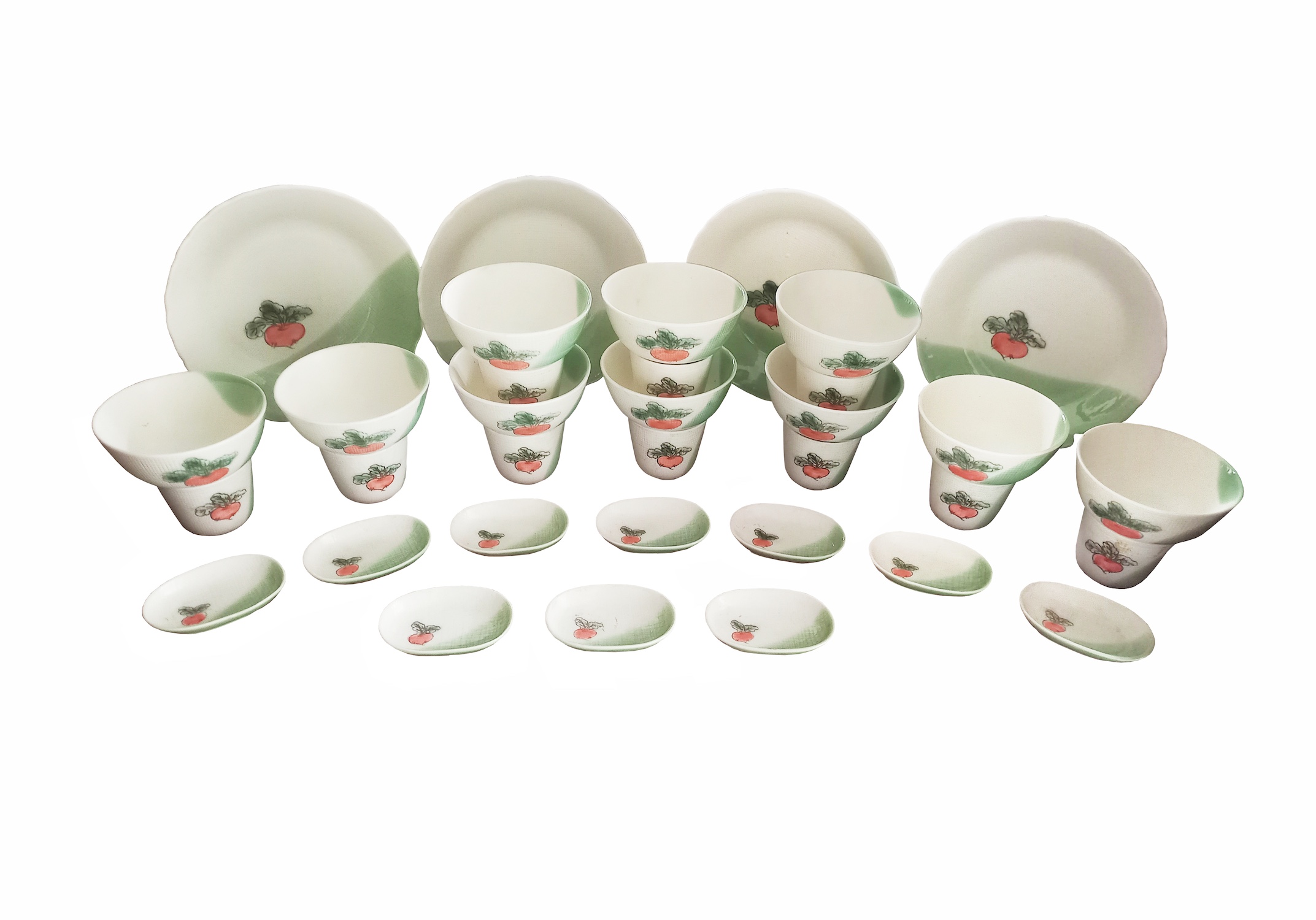 A group of fourty four pieces Japanese polychrome beetroot dinner set consisting of four dinner plates, ten saucer plates, ten small cups, ten soup bowl, ten spoons