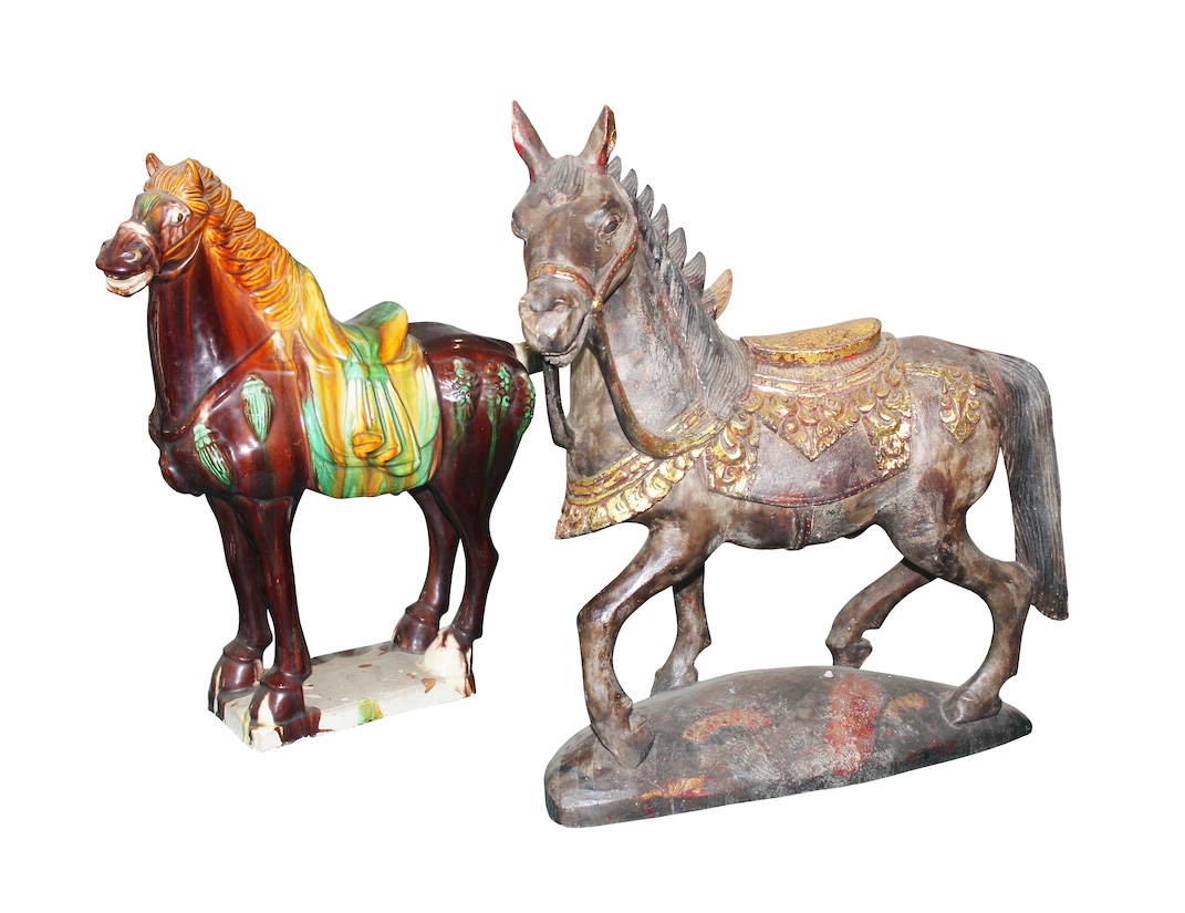 Two pieces of 20th century modern wood and ceramic sancai horses figurines