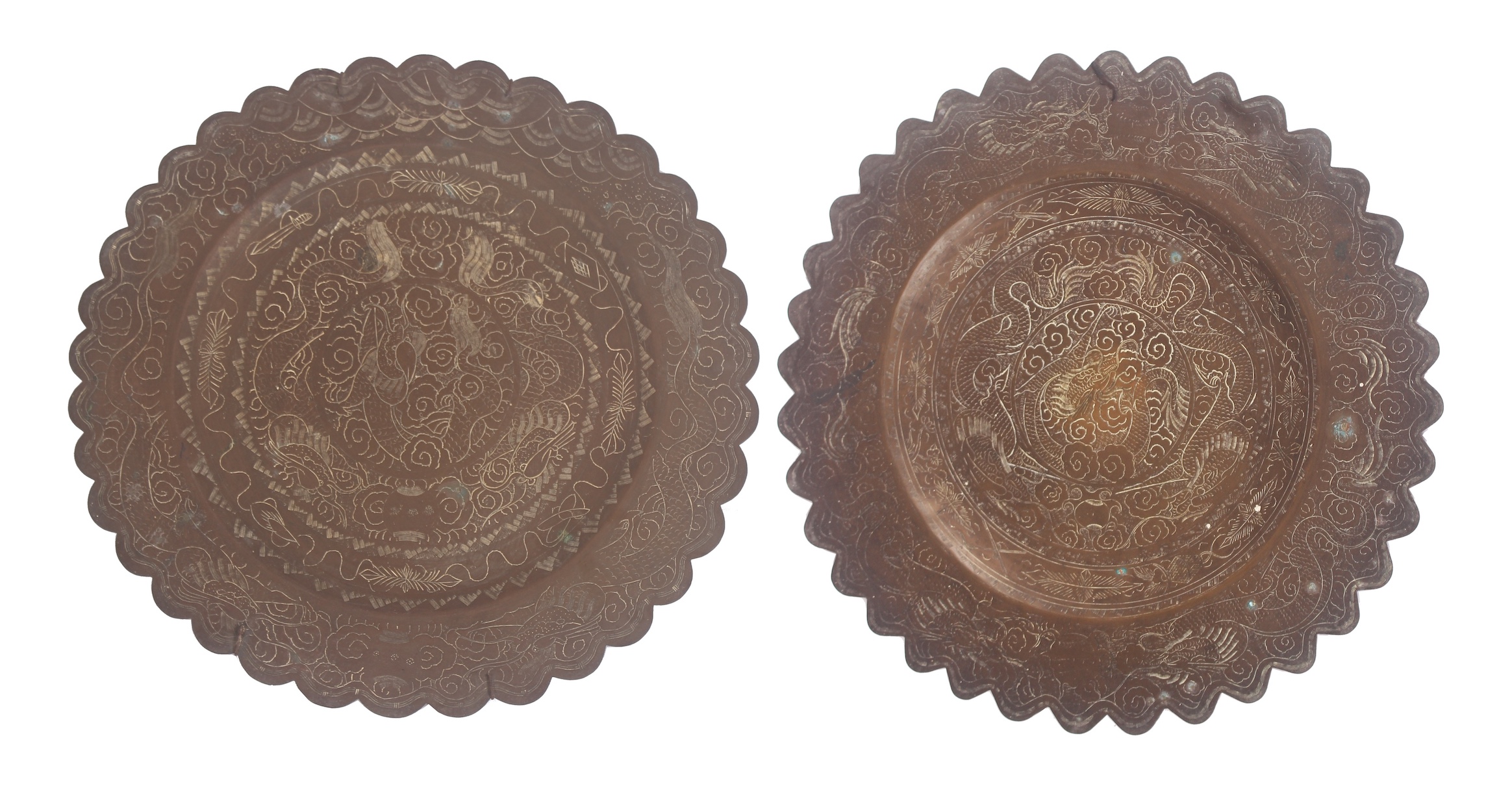 Two pieces of 19th - 20th century engraved brass large foliated tray
