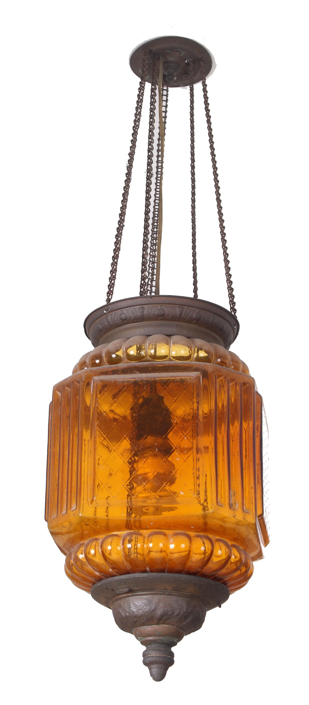 Two pieces of 19th early 20th century hanging oil lamp with brass mounts