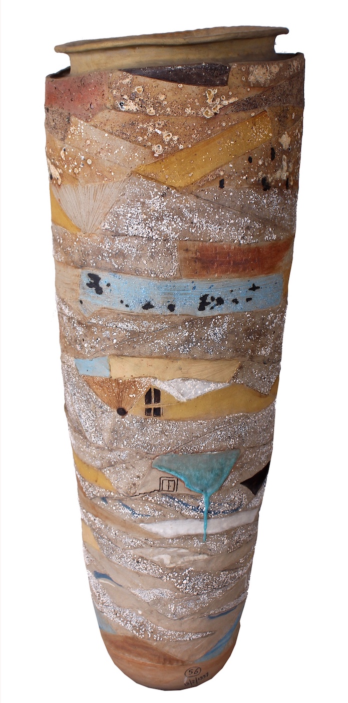 A 20th century contemporary ceramic large cylinder vase with polychrome colours by Keng Shin