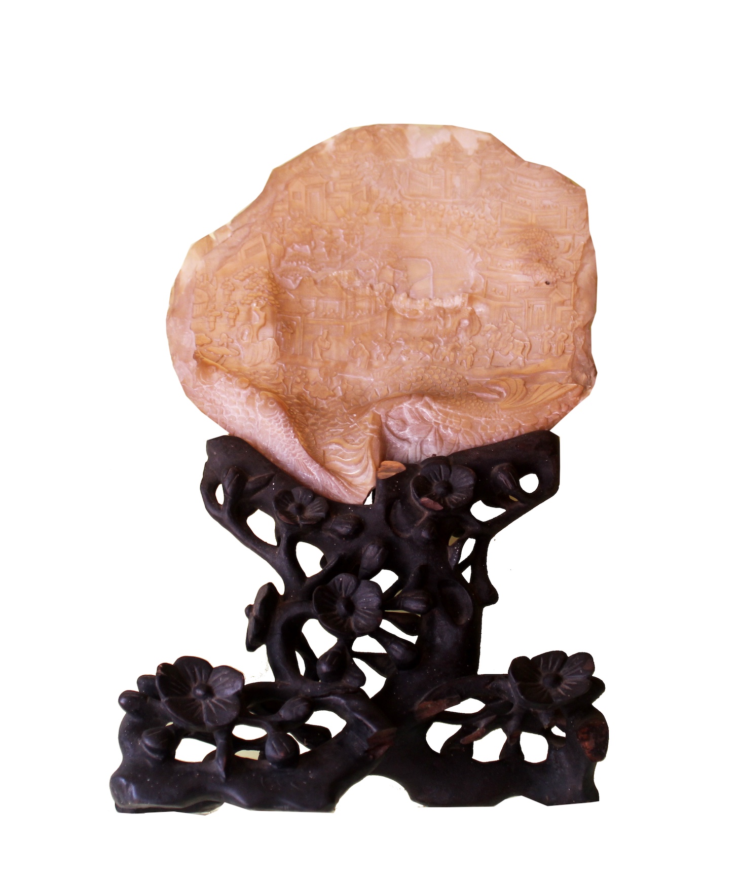 A 19th century Chinese carved shell with wood stand