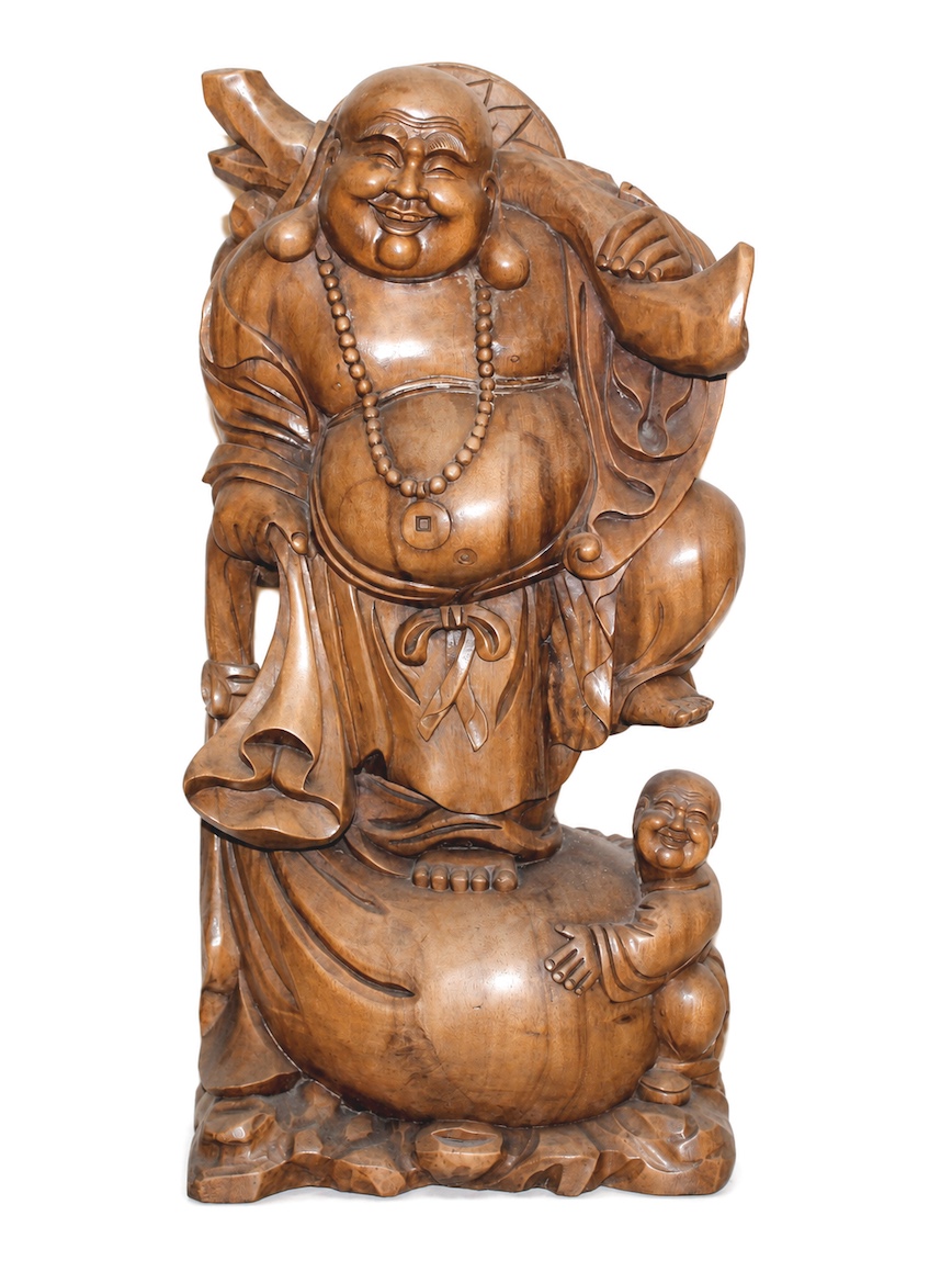 A Chinese carved wood figure of Budai on his sack and a boy
