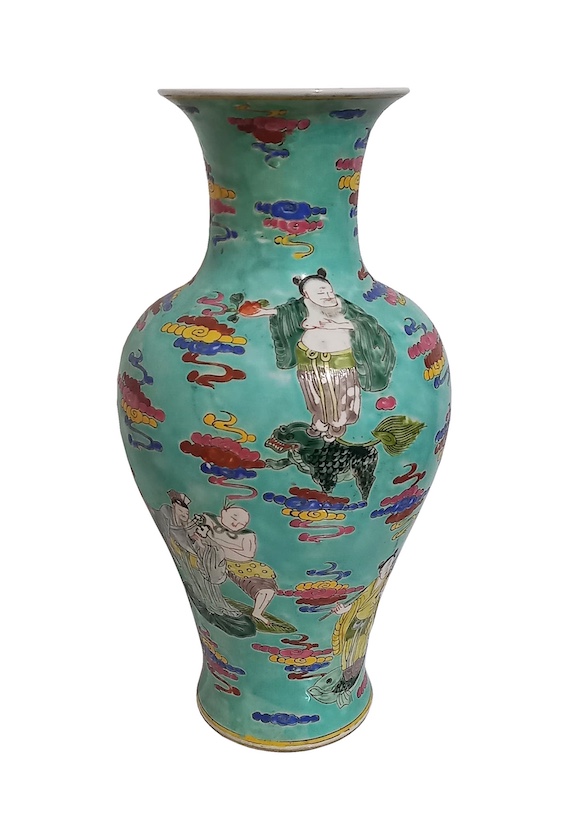A Chinese famille rose turquoise ground vase painted with eight immortals