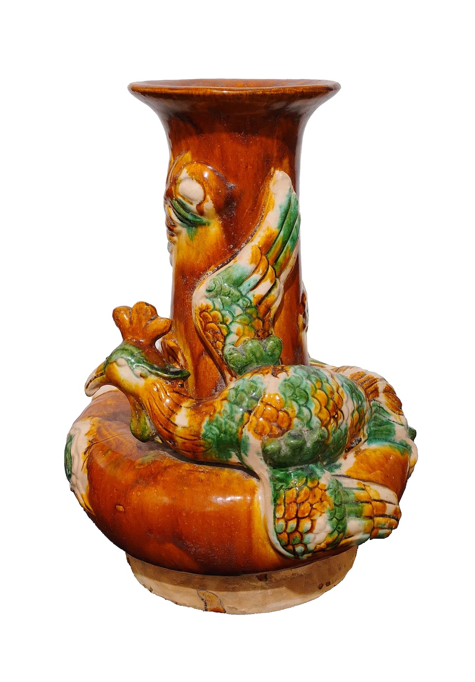 A 20th century Chinese three colours glazed vase modelled with waterfowl