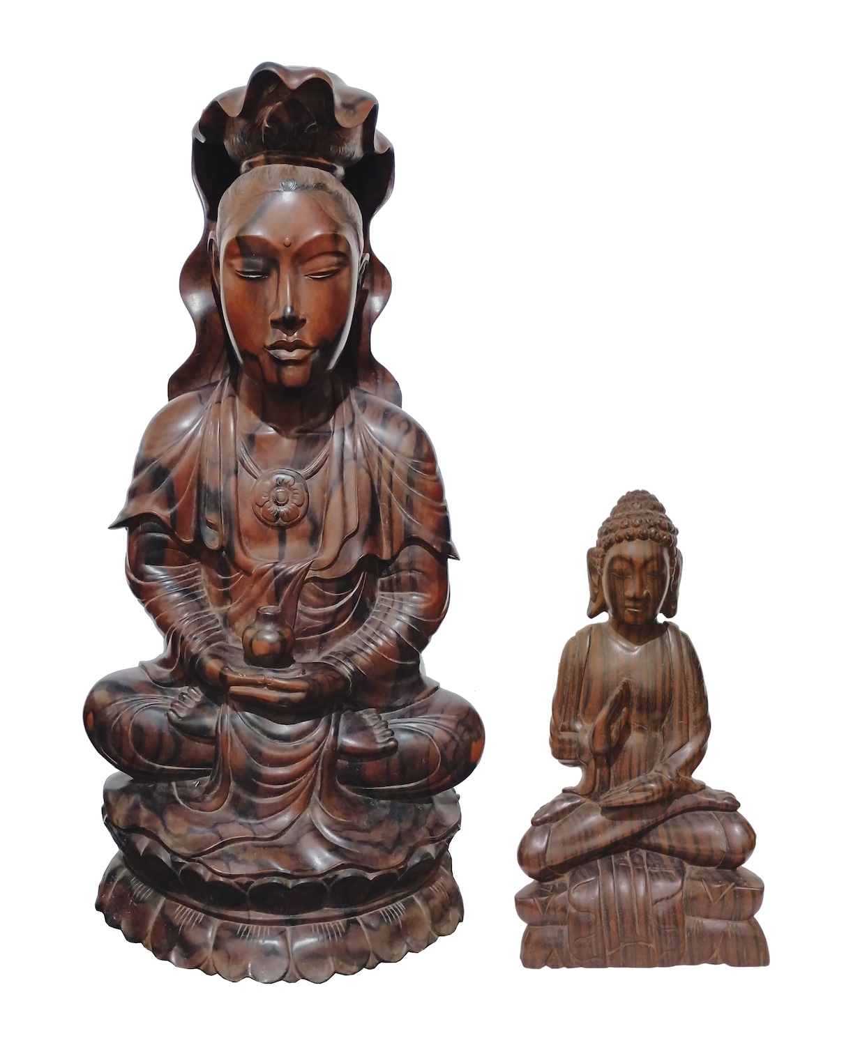 Two pieces of modern Balinese carved rose wood figurines of Avalokiteshvara and Buddha