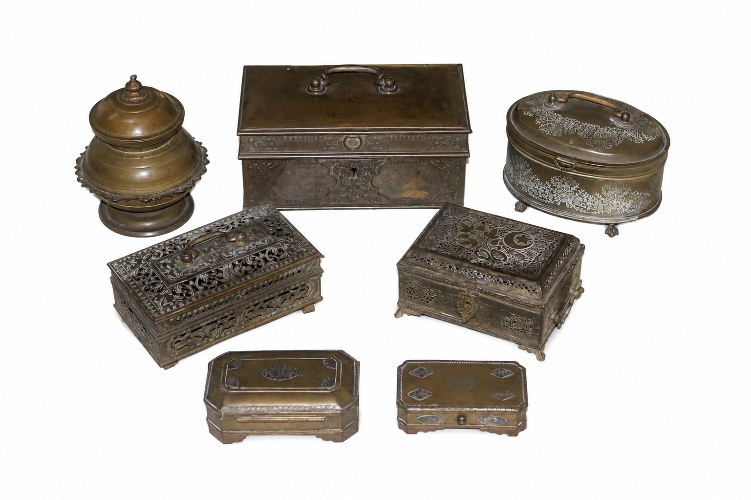 A group of seven 19th early 20th century copper brass sireh boxes