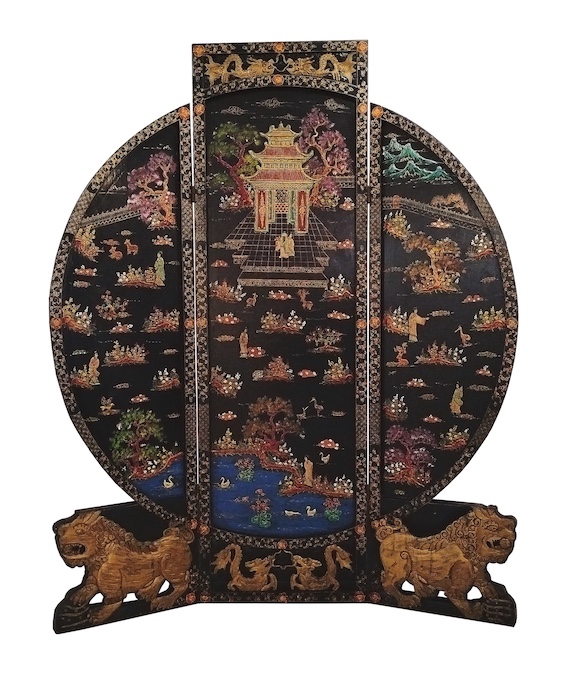 A 20th century vintage Chinese circular form floor screen decorated with soap stone figures and pavilion
