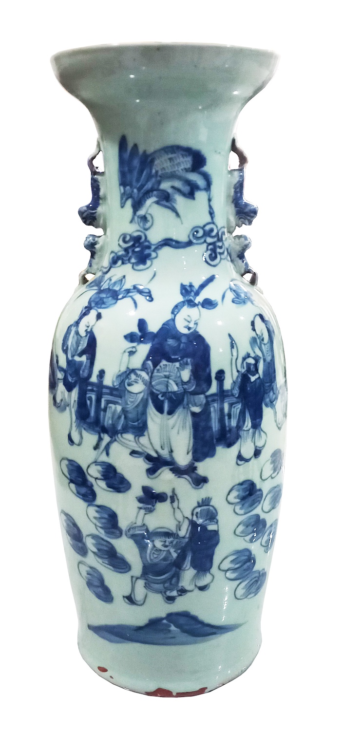 A Late Qing celadon glazed blue and white large vase with figures