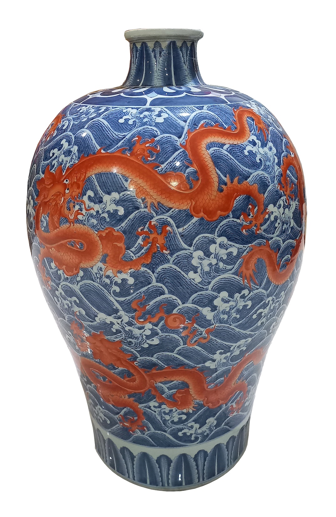 A modern Chinese meiping painted with red dragons on blue wave ground