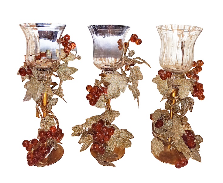 Three pieces of modern Italian glass jars and stands with grapes decoration
