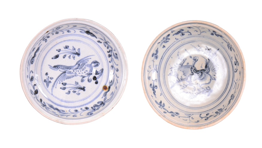 Two pieces of 15th - 16th century anamese blue and white dishes painted with flying bird