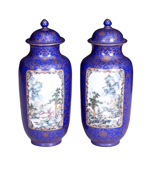 A pair of modern Chinese blue glazed covered painted with panels of landscape in enamels and gilt