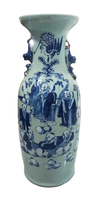 A Late Qing celadon glazed blue and white large vase with figures