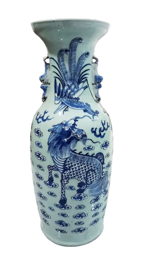 A Late Qing celadon glazed blue and white large vase with qilin and flying phoenix