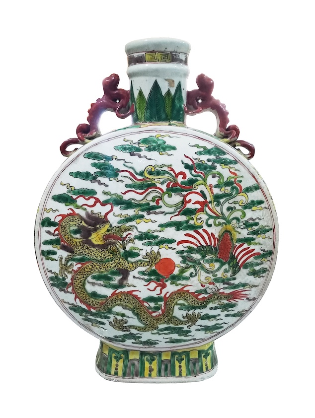 A modern Chinese famille rose moon flask painted with dragon and phoenix
