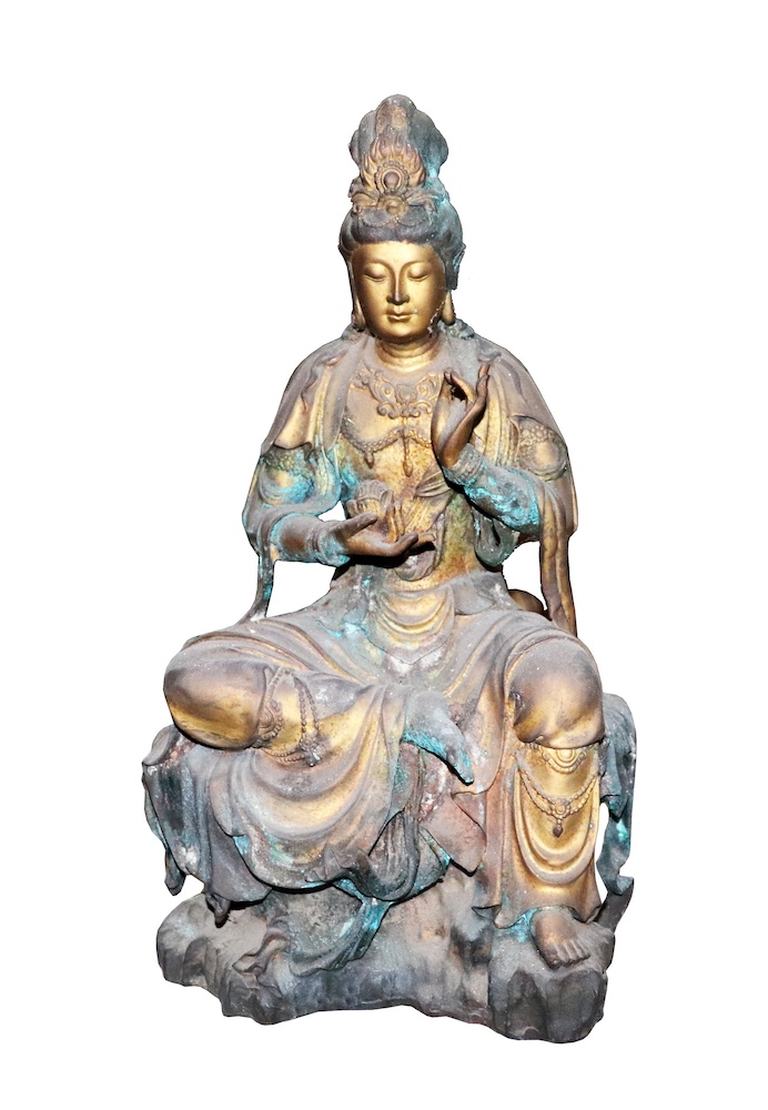 A modern Chinese bronze figure of seated Guan Yin
