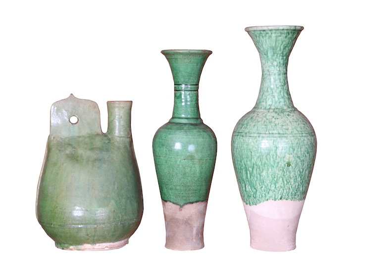 A set of three liao dynasty lead green glazed wares consisting of a flask and two vases