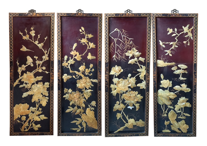 Four pieces of 20th century Chinese wall panel decorated with soapstone and wood